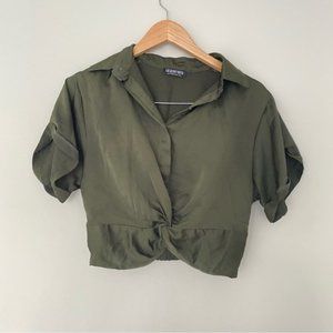 FASHION NOVA Green Collared Front Knot Crop Top